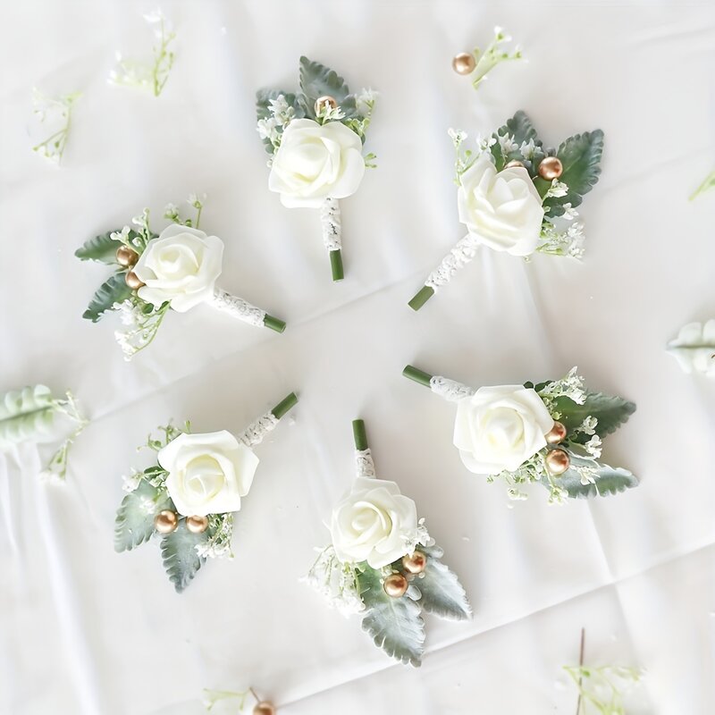 1/6 stücke, milchig weiße Vintage Hochzeit Braut und Bräutigam Corsage, Brautjungfer Rose Handgelenk Blumen, Heimkehr Abschluss ball Corsage Blumen