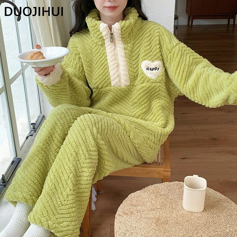 DUOJIHUI Korean Style Winter Flannel Thick Warm Pajamas for Women Chic Zipper Pullover Contrast Color Fashion Female Pajamas Set