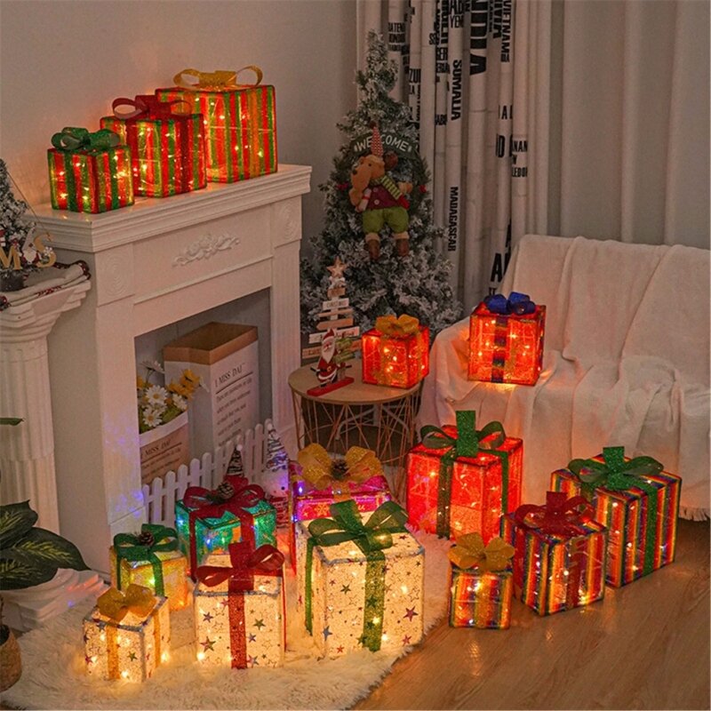 M6CF 3 шт. светодиодные теплые огни подарочная коробка украшения освещенные подарочные коробки рождественские украшения для и