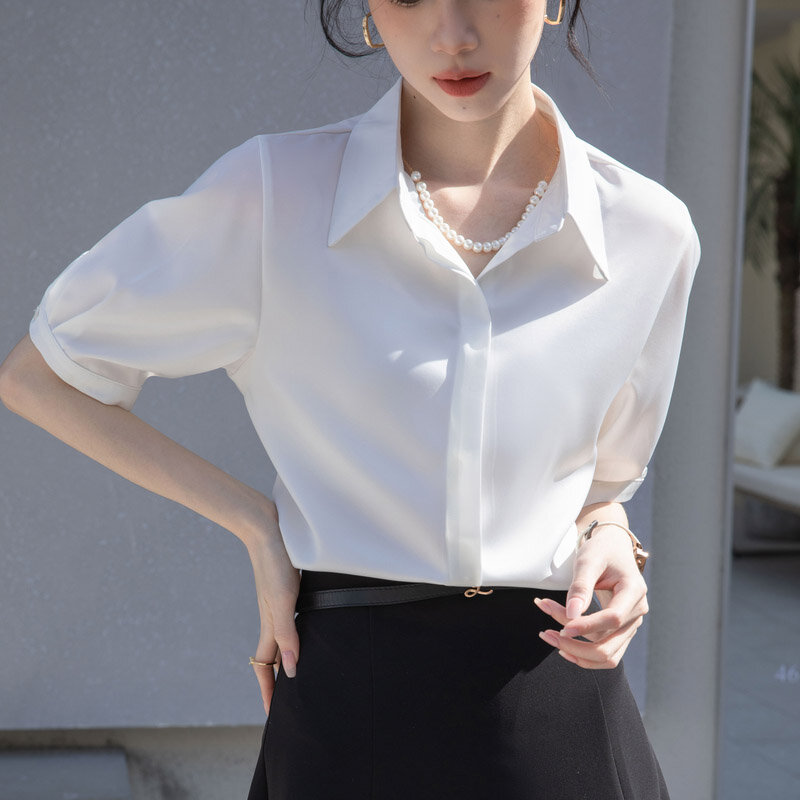Women Clothing Solid Anti-Wrinkle Chiffon Shirts Summer Half Sleeve Loose Non-ironing Blouses Office Lady Elegant Fashion Tops