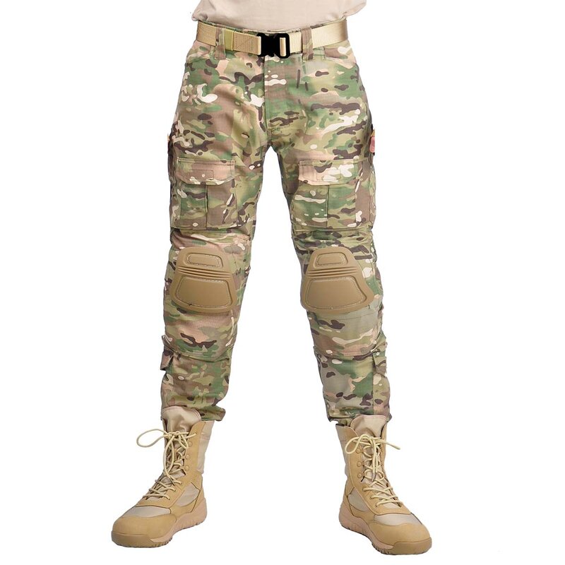 กางเกงคาร์โก้ + แผ่นรองเสื้อผ้าล่าสัตว์ผู้ชายเสื้อผ้าทหารลายพรางกางเกงลายทหารแนวสตรีทแวร์กางเกงยุทธวิธีกลางแจ้ง