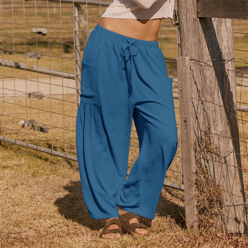 Брюки-Капри женские с широкими штанинами, повседневные неаккуратные брюки с большими карманами, с завышенной талией, с кулиской в пасторальном стиле, на лето