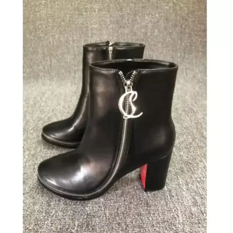 Luxury Designer Black Brown TOP Quality Red Soles Round Toe Ankle Boots Sexy Zipper High Heels Shoes NEW Brand Thick Heel Pumps
