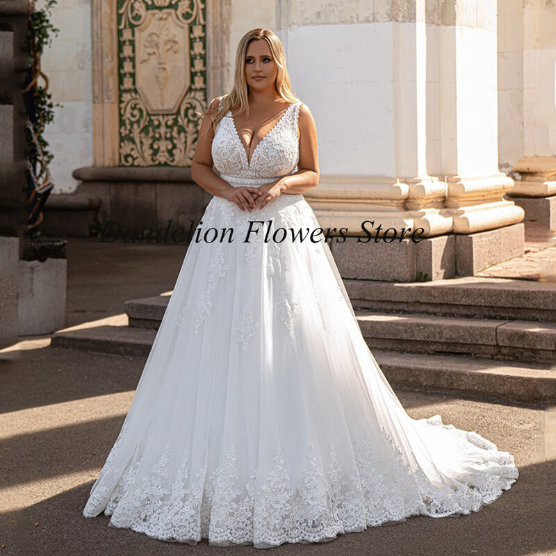 Gaun pernikahan ukuran besar kerah V untuk pengantin tanpa lengan Tulle dengan renda Applique gaun pengantin gaun A-Line Sweep Train Robe De mariee