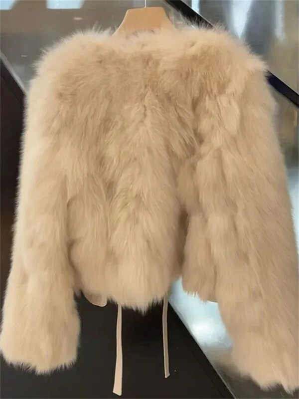 Winter Short Faux Fur Coats Warm Lace-up Imitate Fox Furs Jackets Korean Fashion Loose Plush Outerwear Women Luxury Furry Casaco