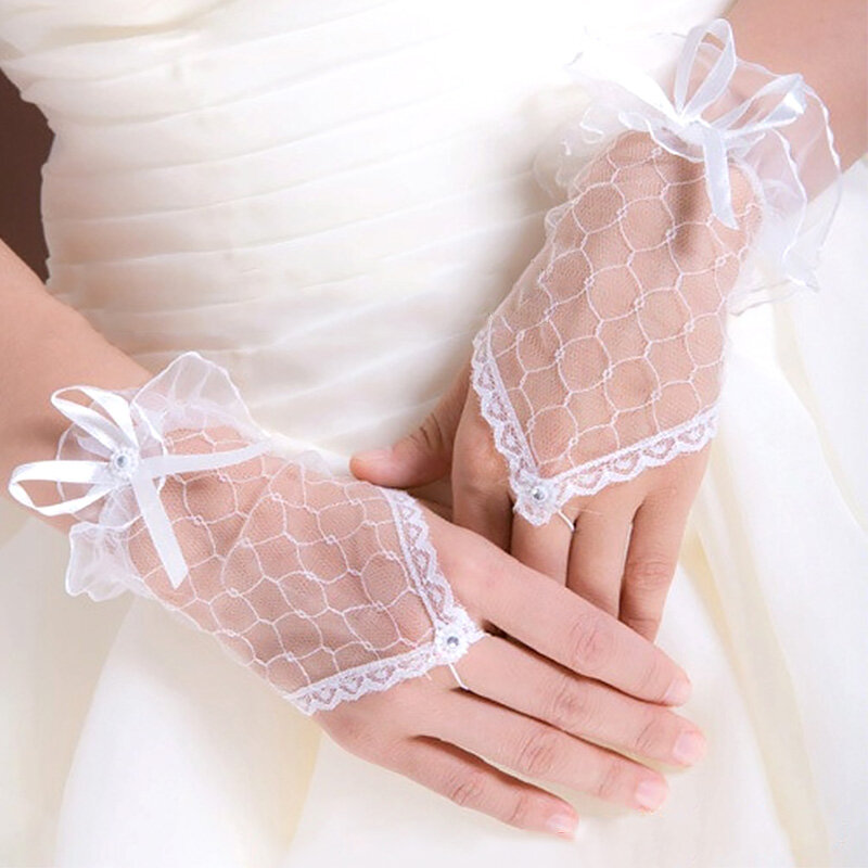 1 Pair Fingerless Bridal Gloves Women Short Paragraph Bowknot Rhinestone Lace Mittens White Black Red Wedding Party Accessories