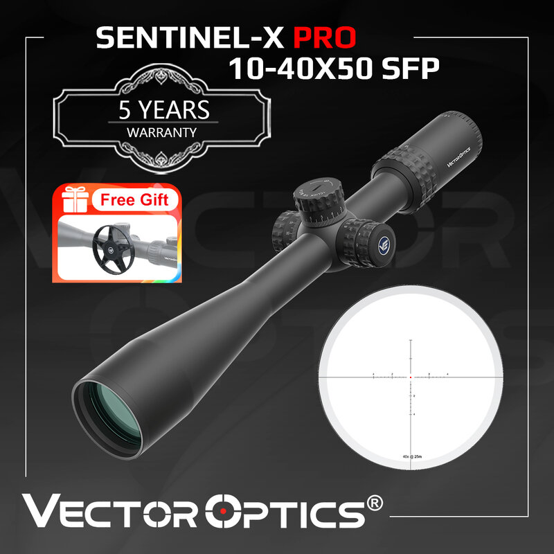 Прицел Vector Optics Sentinel-X Pro10-40x50 SFP с подсветкой центрального точечного прицела и остановкой нуля для стрельбы на дистанции 25 метров.