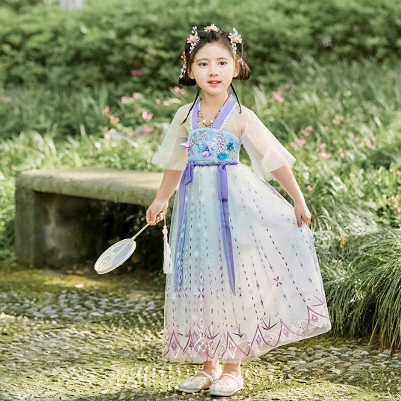 Chinese Traditional Gauze Embroidery Hanfu Dress Girls Kawaii Tang Suit 2023 Summer New Children's Dress Princess Cosplay