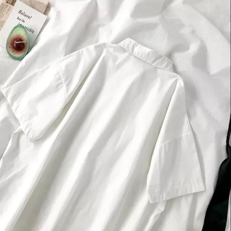 Białe koszule damskie z krawatem styl japoński Preppy studenci BF bluzka w za dużym rozmiarze proste jednolite, luźne letni Top L3204