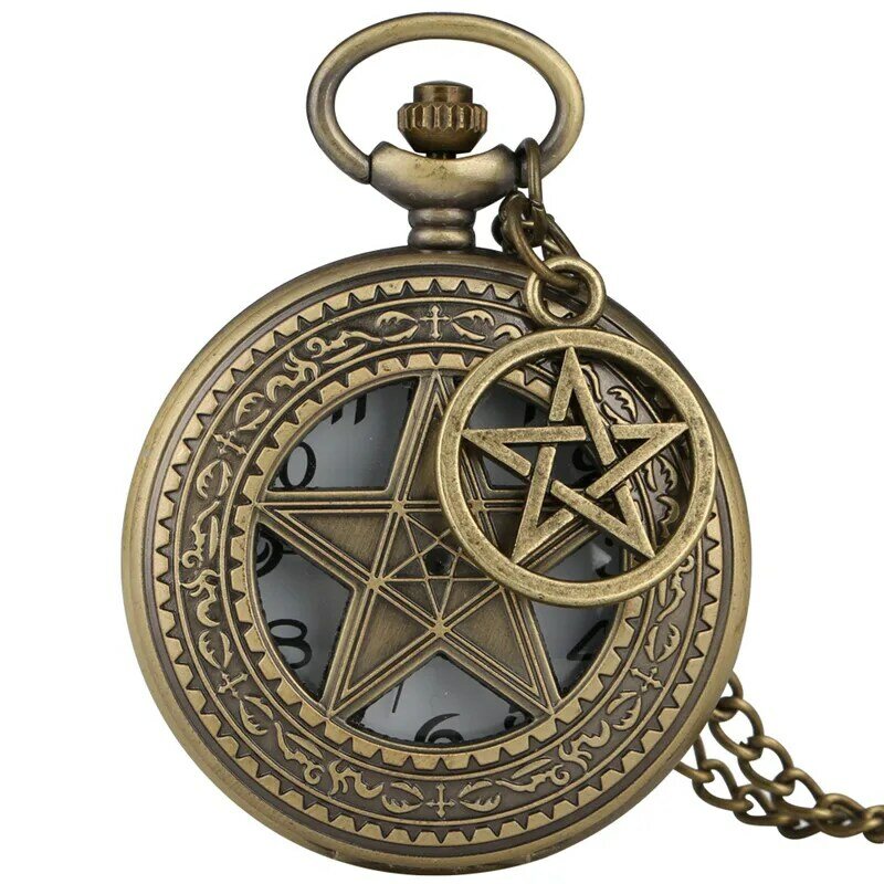 Кварцевые аналоговые карманные часы унисекс, ажурное ожерелье в ретро стиле с пятизвездочным узором, цепочка с подвеской в виде пентаграммы, антикварные часы