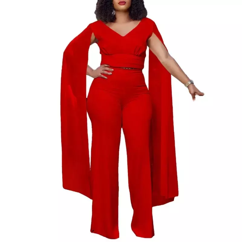 2 Stück afrikanische Kleidung für Frauen Herbst elegante afrikanische V-Ausschnitt rot schwarz weiß Top Hose passende Sets Dashiki afrikanische Outfits