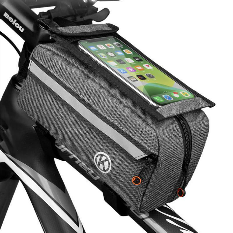 Tas sepeda, bingkai tabung atas depan tas bersepeda tahan air 6.4in casing ponsel layar sentuh tas pak aksesoris Strip reflektif