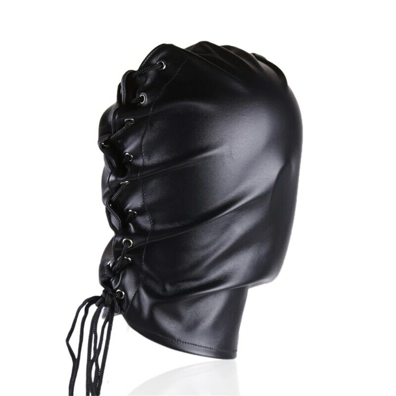 สีดำ PU ฝาครอบศีรษะปรับ Tie Balaclava Face Mask คู่เล่น Black Head Wrap Full Hood เครื่องแต่งกาย