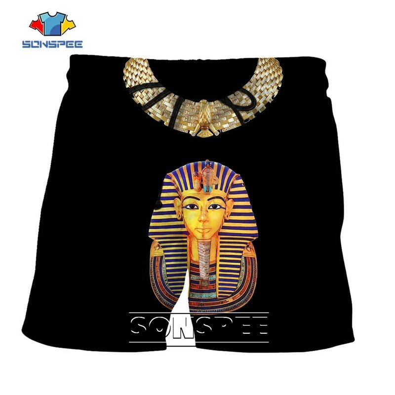 SONSPEE Summer Black Egyptian Pharaoh Pattern Shorts Men Women Street Vintage Sportwear 3D Print Plus Size Fashion Short Pants