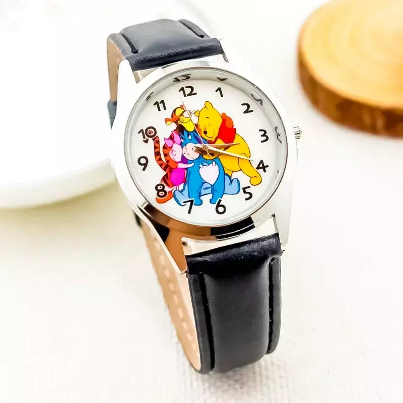 Disney Winnie Bear Watch para crianças, Tiger Piggy, Pi Jie Yi Er, pulseira de couro, relógio de vidro, presente
