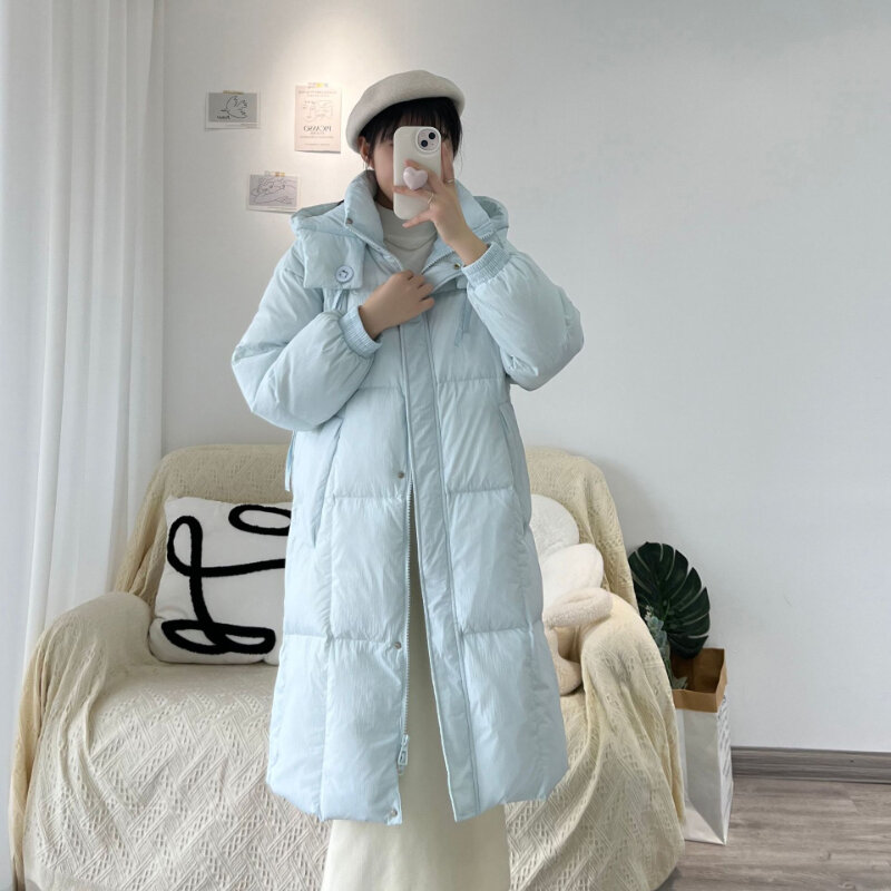 Lady Winter White Duck Down Long Down Jacket Warm Loose Fitting Standing Collar Hooded Coat  Fashion Elegant Temperament