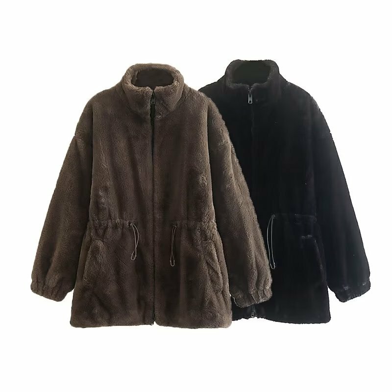 2023 Winter New Women Faux Fur Coat Fashion Stand-up Collar Slim Fit Outwear Thicken Warm Girdle Solid Color Casual Parkas