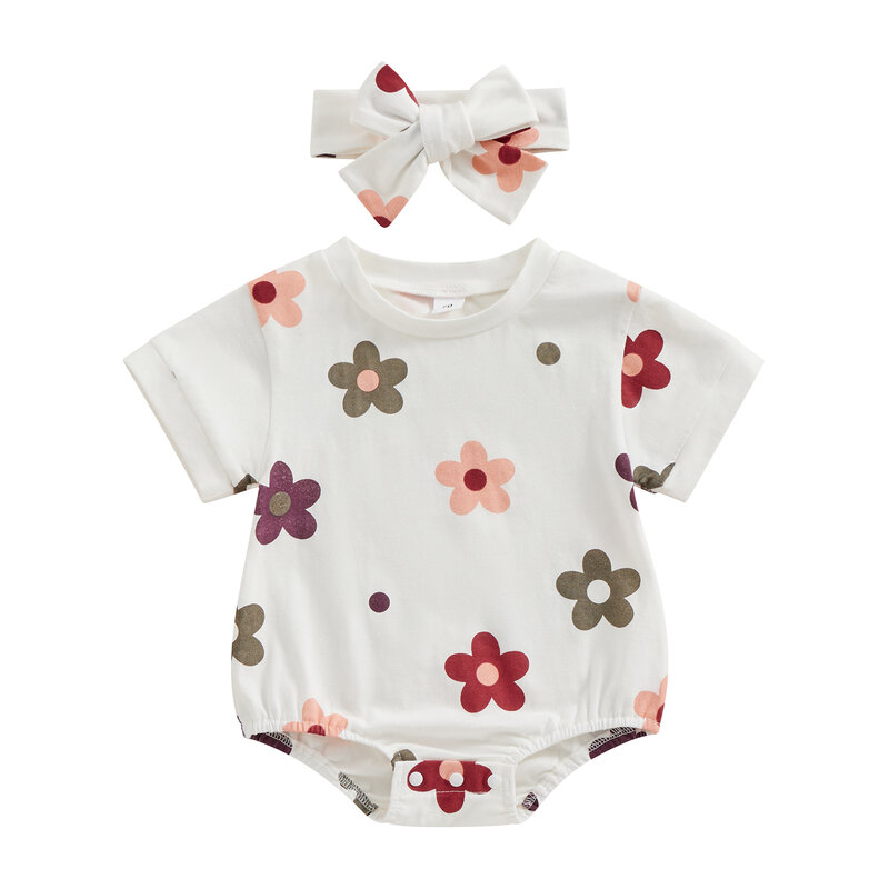 Infant Baby Girl Summer Jumpsuit Flower Print Round Neck Short Sleeve Romper with Bow Headband