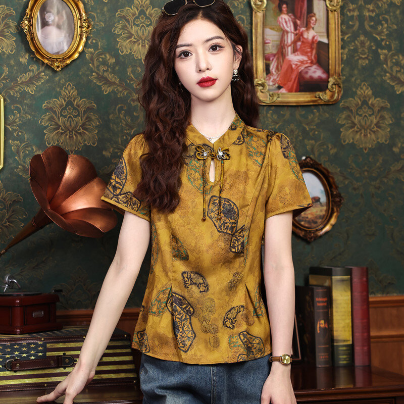 Miiiix-Camisa estampada na moda chinesa feminina, blusa curta de manga, slim fit, roupa feminina, verão, novo, High End, 2022