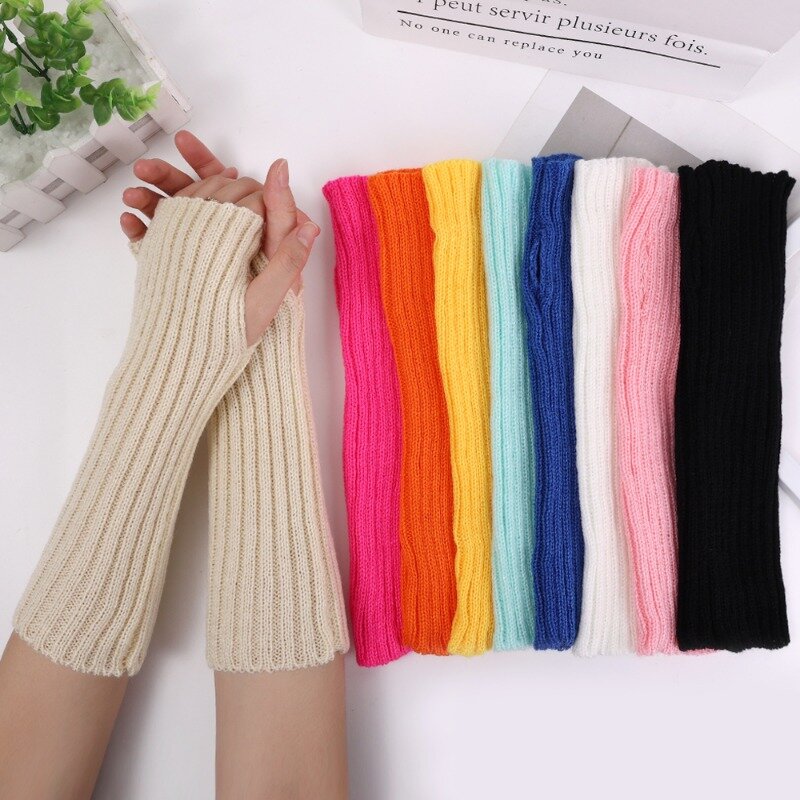 Knitted Long Arm Gloves Candy Color Y2k Solid Color Sleeves Autumn Winter Warm Half-fingered Gloves Arm Mittens for Unisex