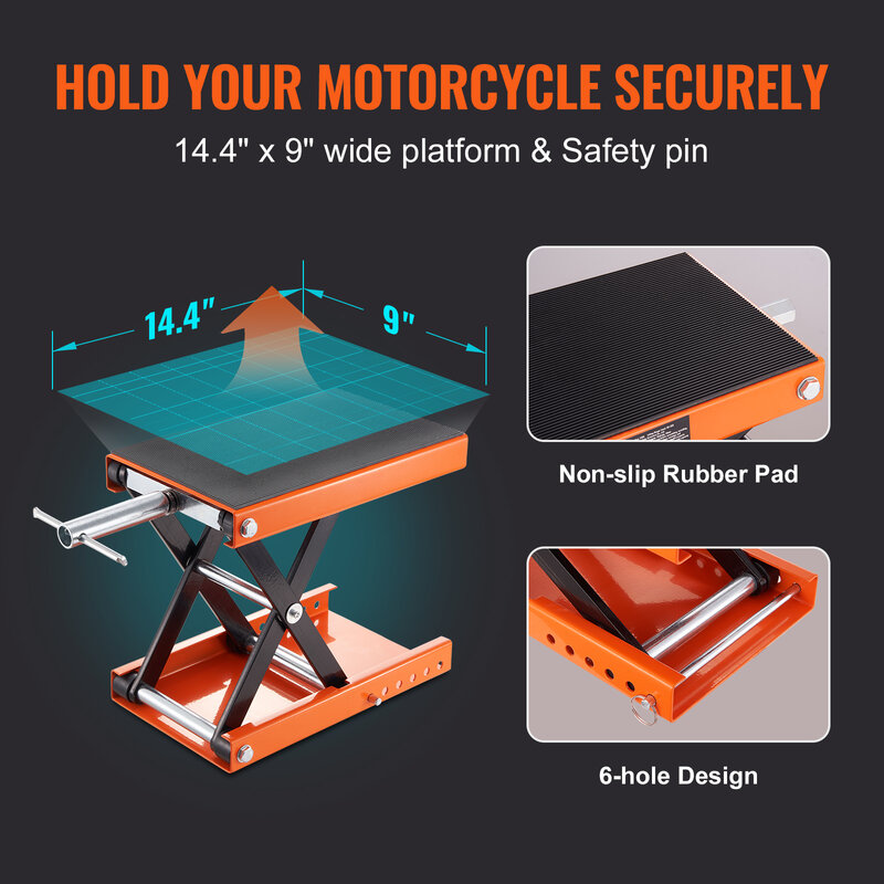 VEVOR-Motocicleta Scissor Lift Jack com Wide Deck, Pin de segurança, Fit para Bicicletas Motocicletas, 350, 1110, 1500 LBS Capacidade
