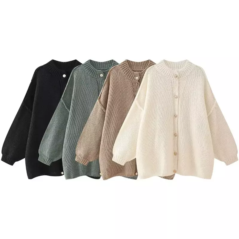 Women New Fashion Sew decoration Loose Wram Oversized Cardigan Sweater Vintage Long Sleeve Button-up Female Outerwear Chic Tops