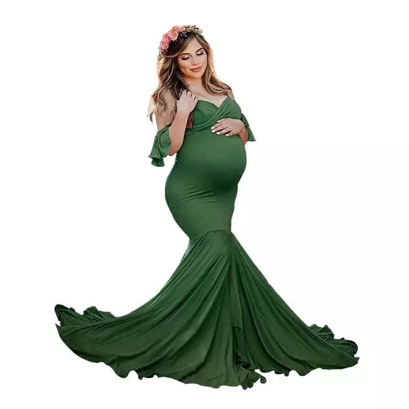 Vestido de maternidade de algodão tipo sereia para mulher grávida, sexy, sem ombros, gravidez, chá de bebê, acessórios fotográficos