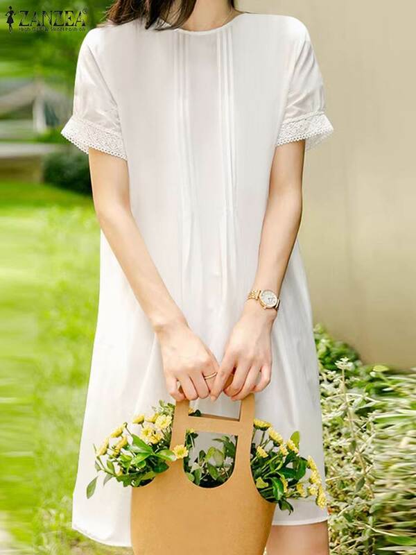ZANZEA luźna wakacyjna szata Vintage damska koronkowa z krótkim rękawem Vestidos 2024 letnia z okrągłym dekoltem krótka sukienka koreański biały sukienka