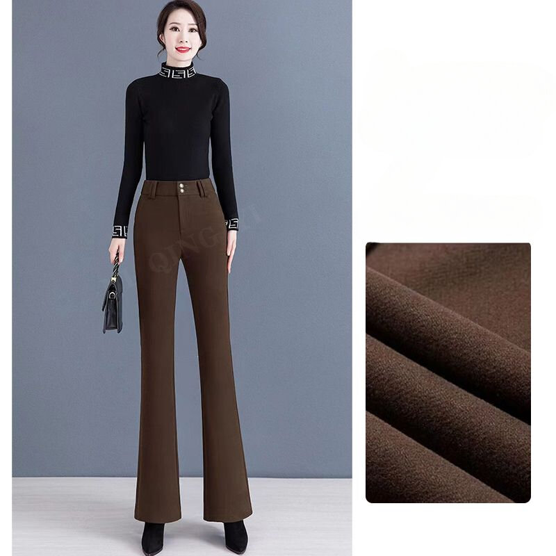 Pantalones de cintura alta con bolsillos para mujer, pantalón informal de lana lisa, O621, primavera y otoño, 2023
