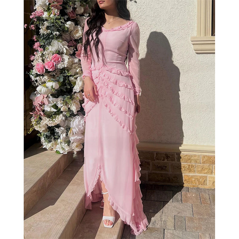 Gaun Prom A-line elegan gaun pesta Ruched berlipat bahan sifon gaun acara khusus panjang Arab Saudi