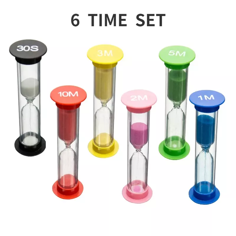 Reloj de arena de plástico, 6 piezas, pequeño, 30 segundos/1min/2min/3min/5min/10 minutos