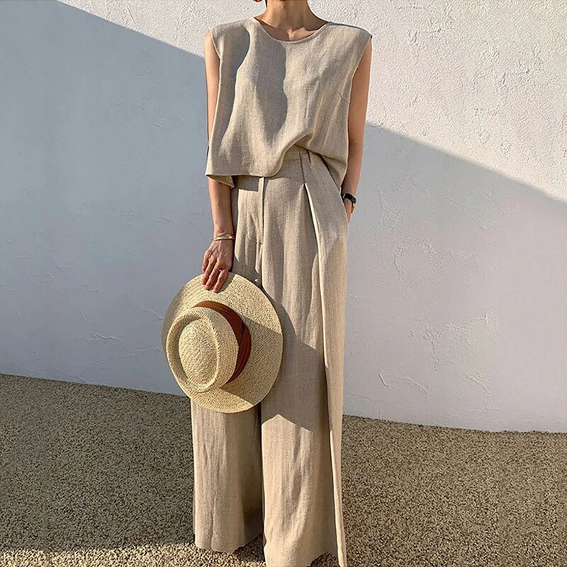Women Cotton Linen Suits Summer Sleeveless O-Neck Tank Top Wide Leg Pants Two Piece Sets Female Fashion Casual Solid Loose Suits