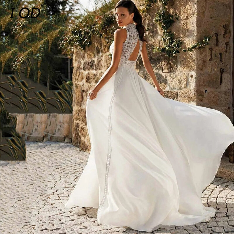 I OD BOHO High Neck Wedding Dress Sleeveless Backless Chiffon A-Line Bridal Gown Floor Length Vestidos De Novia Custom Made New