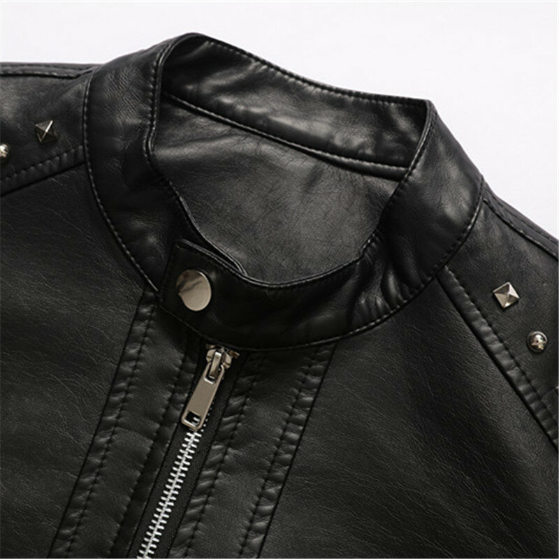 Women Pu Leather Jackets Motorcycle Rivet Streetwear Stand Collar Solid Color Zipper Casual Fit Black Biker Leather Coat Women