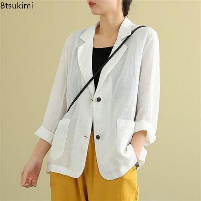 2024 Women's Casual Spring Autumn Cotton Linen Blazers Jacket  Female Long Sleeve Elegant Fashion Cardigan Suit All-match Coat