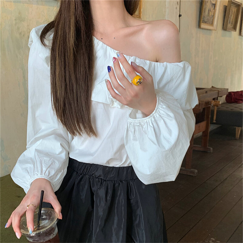 PLAMTEE camicette bianche elegante manica intera Normcore donna Daily OL Summer Work Wear 2023 Solid Ruffles Gentle Sweet Chic Loose