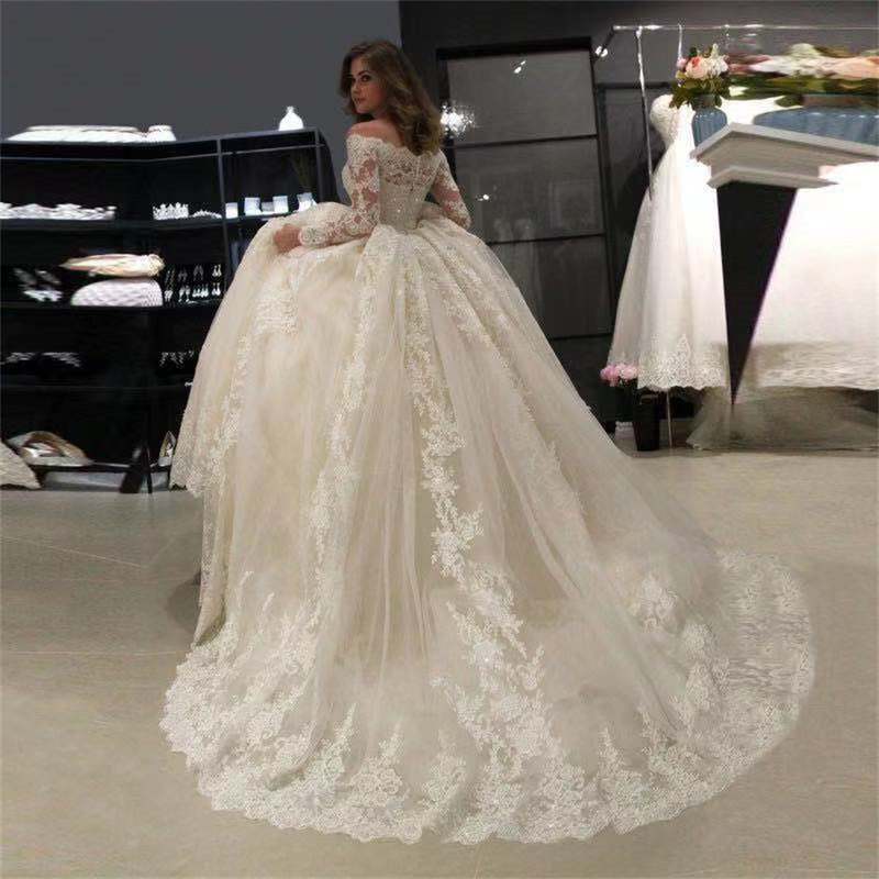 Luxury Boat Neck Off Shoulder Tulle Appliques Sequined Ball Gowns Wedding Dresses For Women 2024 Bridal Gowns Vestidos De Novia