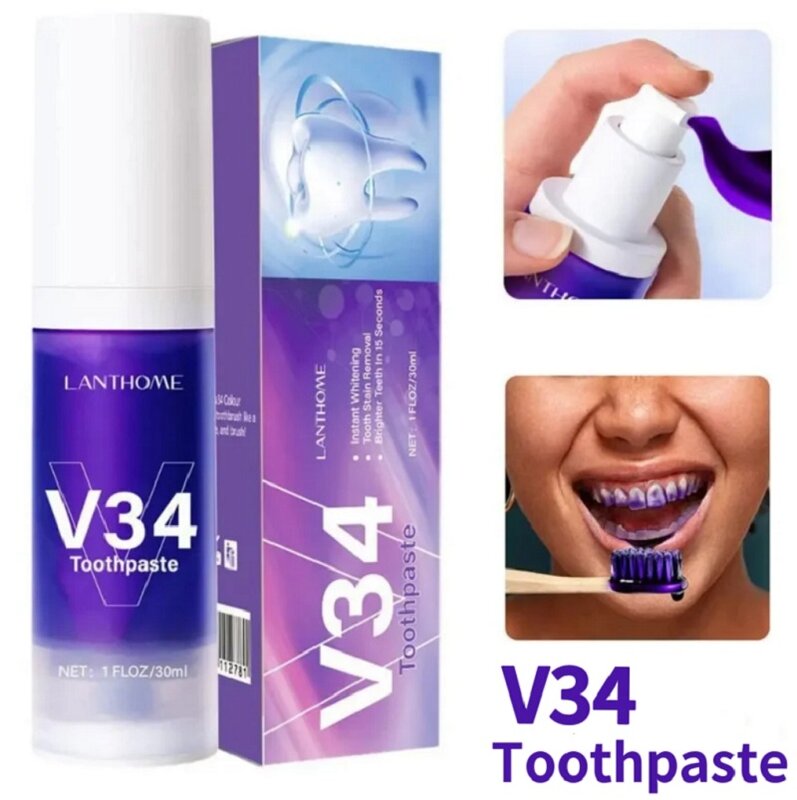 معجون أسنان لتبييض الأسنان بالمينا ، إزالة بقع البلاك ، مصحح أرجواني ، سهل تقليل الاصفرار ، العناية بالفم ، جديد ، V34 Pro