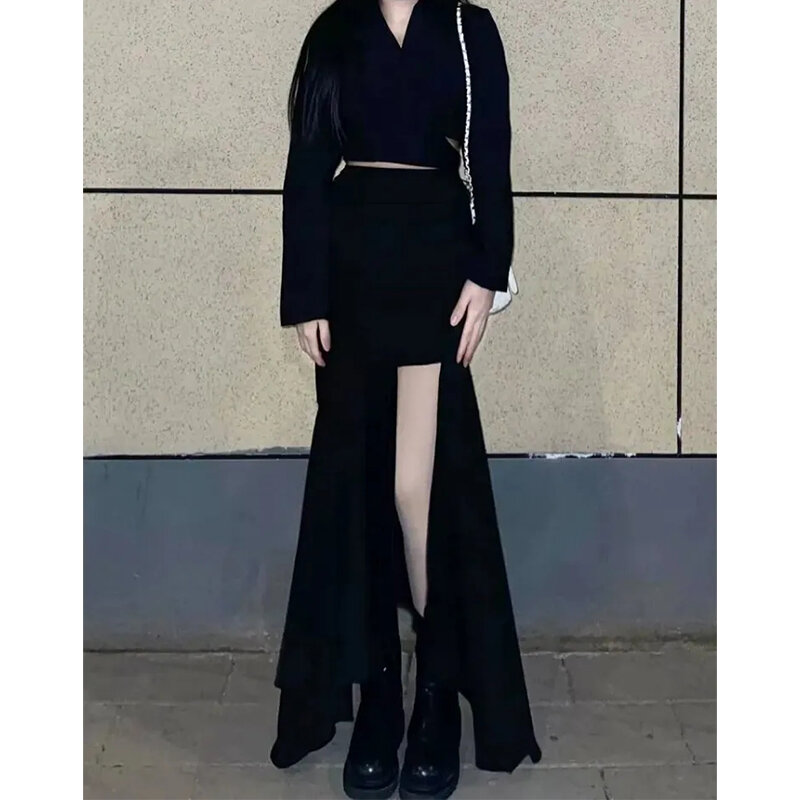 Faldas Midi con abertura Irregular para mujer, falda Sexy Y2k con corte en A, ropa de calle coreana negra, cintura alta, falda ajustada de sirena de trompeta, nuevo F