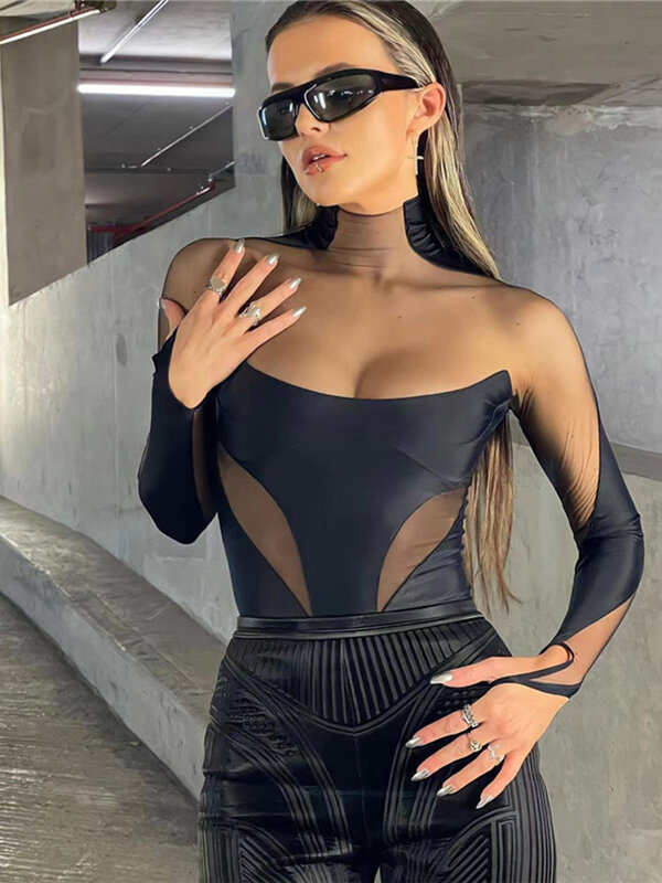 Sexy Wild Women Bodysuit Long Sleeve See Through Skinny Mesh Patchwork Vacation Party Club Streetwear Bodycon Tops