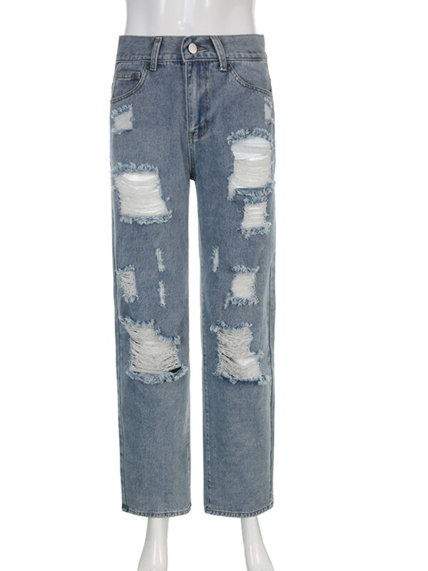 Женские рваные джинсы, уличная одежда, прямые брюки со средней талией, свободные брюки с широкими штанинами, джинсы Y2K, летние, стандартные женские джинсы