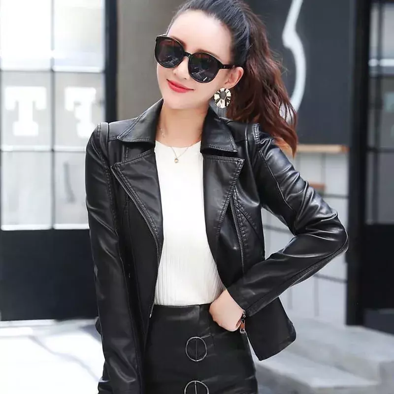 Женская короткая куртка-пальто из искусственной кожи, черная облегающая локомотивная куртка на молнии, с искусственным мехом, весна 2024, 1 шт.