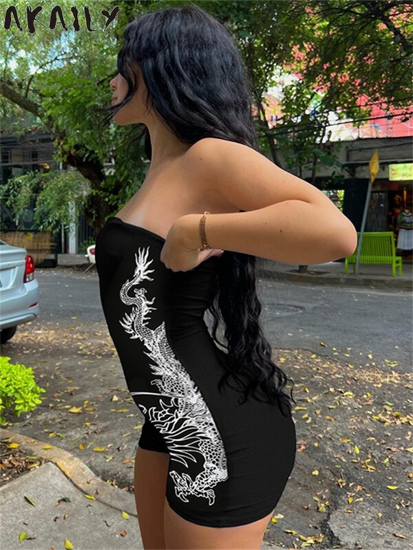 Akaily Summer Black Dragon Print Bodycon Rompers Casual Sporty For Woman 2024 Streetwear Strapless Backless One Piece Playsuit