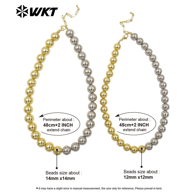 Brass Ball Beads Necklace, 18K Real banhado a ouro, cor dupla, Mixsure Design, único, moda por atacado, WT-JFN12, 10Pcs