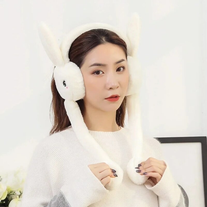 Cute Ear Move Earmuff Rabbit Moving Ears Jumping Earmuffs Warm Funny Toy Cap Plush Toy Headphones for Women Adult Winter Gift
