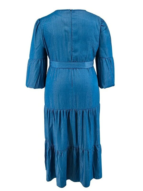 Wmstar-Robe maxi en denim grande taille pour femme, manches longues, couleur unie, mode élégante, vente en gros, livraison directe avec bandage, nouveau