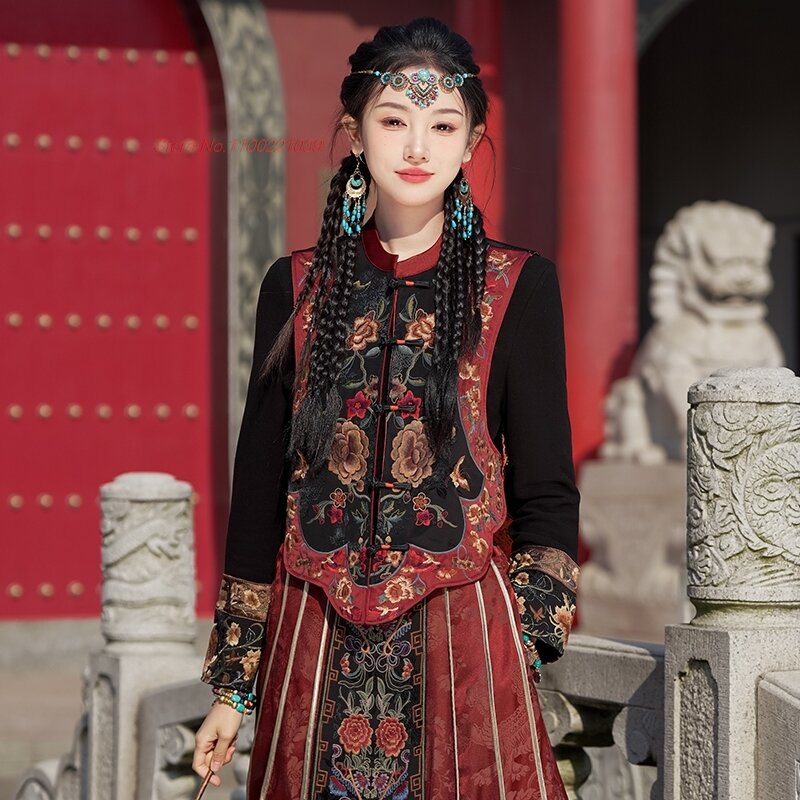 伝統的な中国の漢服トップス、伝統的なジャカードベスト、全国の花の刺繍、ノースリーブジャケット、エスニックタンスーツ、2024