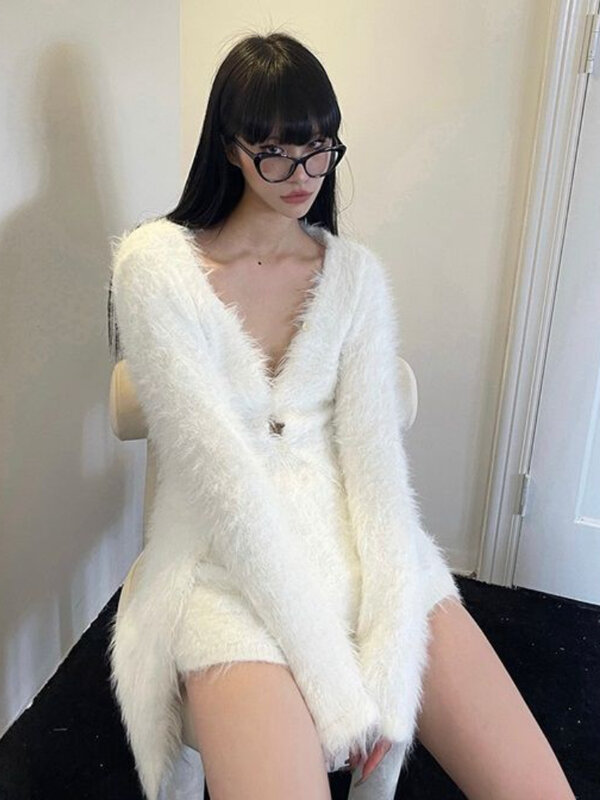 Deeptown Y2K Harajuku White Cardigan Women Grunge Kpop Sexy Slim Knitted Sweater Korean Fashion Casual Fluffy Crop Top Fairycore