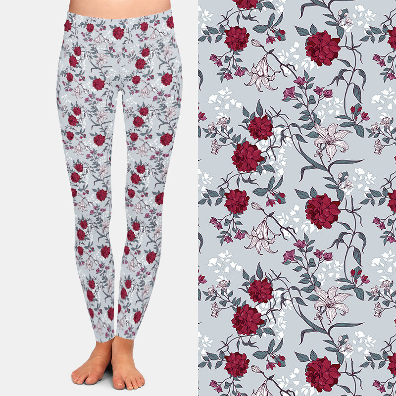 Letscald 230gsm mlecznego jedwabiu kobiety moda spodnie do fitnessu 3D róże i lilie wzór nadruk wysoki stan Sexy Slim elastyczne legginsy