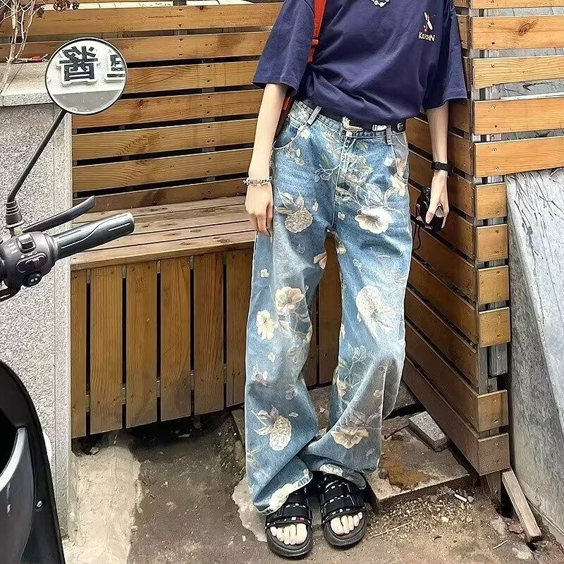 2024 Men's Flower Printed Jeans Y2k Graphic Denim Harajuku Gothic Mid Waist Straight-leg Pants Man Korean fashion Streetwear